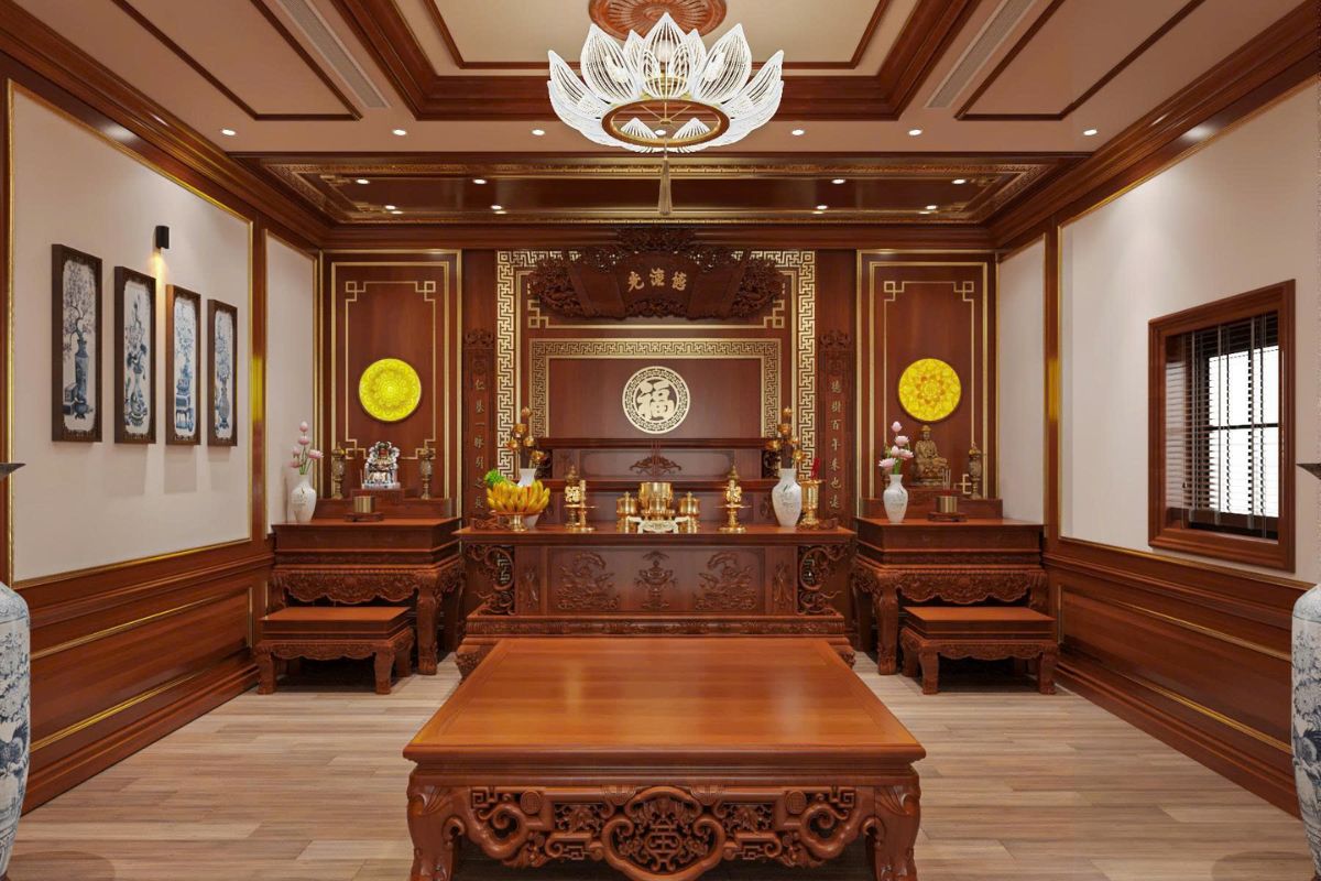 20+ Mẫu thiết kế nội thất biệt thự song lập đẹp & giải pháp tối ưu xu hướng 2026 23 Vật liệu gỗ tự nhiên, màu nâu trầm và ánh sáng ấm là những lựa chọn thường dùng khi thiết kế nội thất biệt thự song lập cho không gian thờ cúng (Ảnh: Sưu tầm)