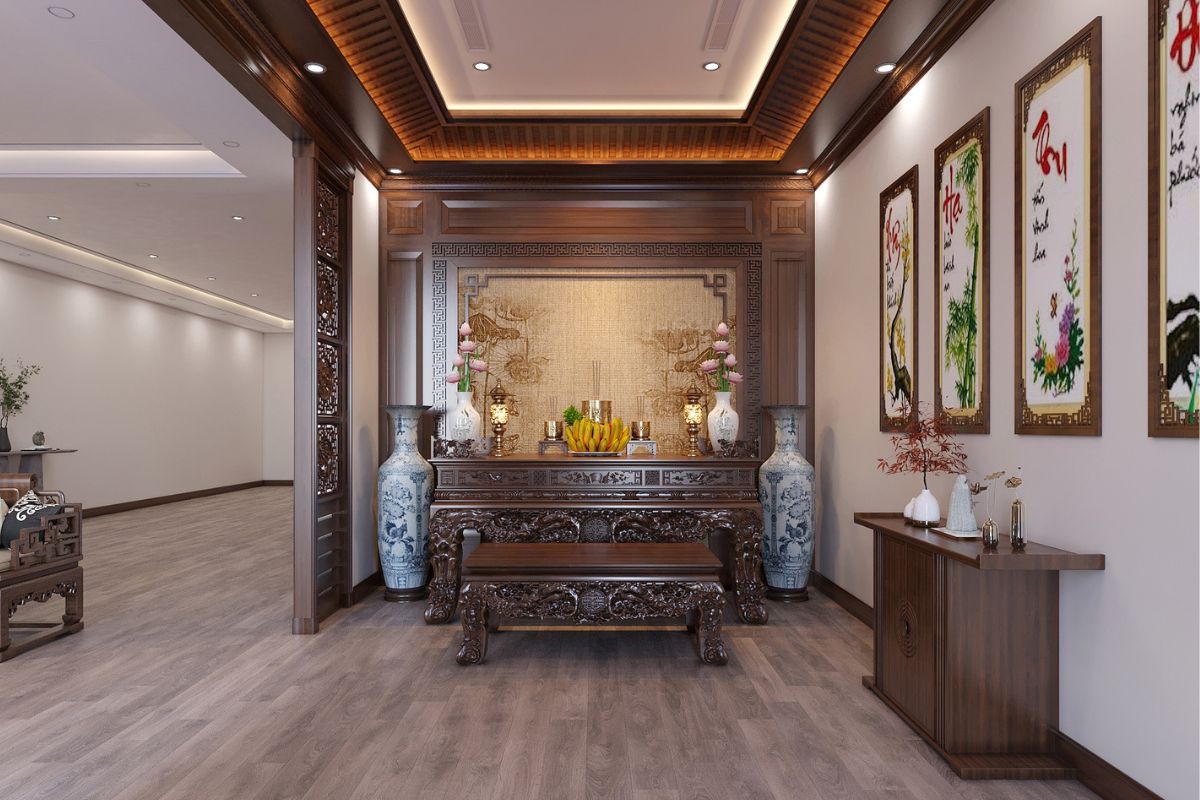 20+ Mẫu thiết kế nội thất biệt thự song lập đẹp & giải pháp tối ưu xu hướng 2026 24 Một phòng thờ đẹp trong biệt thự song lập cần cân bằng giữa yếu tố tâm linh, thẩm mỹ và sự thuận tiện trong quá trình sử dụng hằng ngày (Ảnh: Sưu tầm)