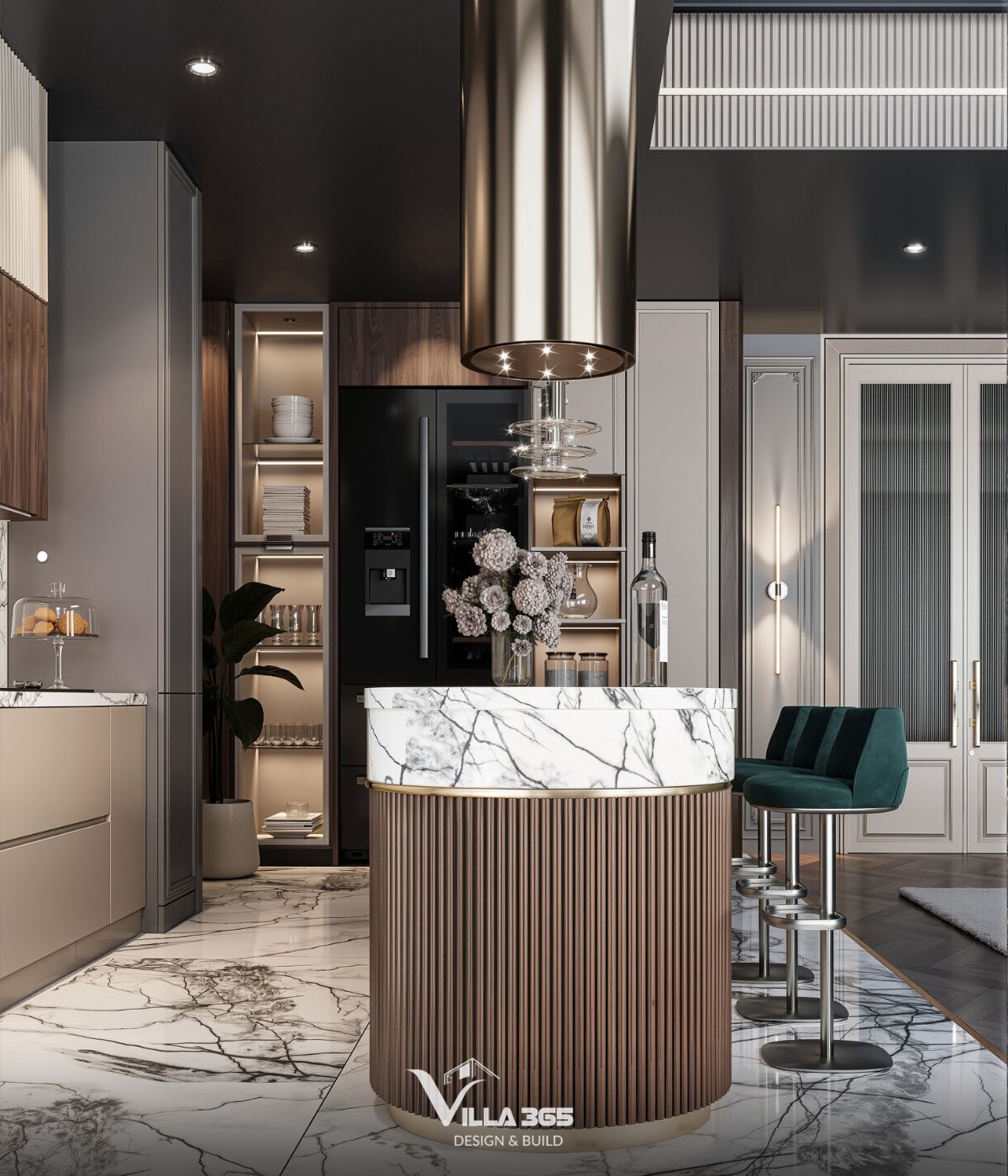 Không gian bếp Bonded Villa được tối ưu công năng với bố cục lưu trữ mạch lạc và thao tác di chuyển hợp lý