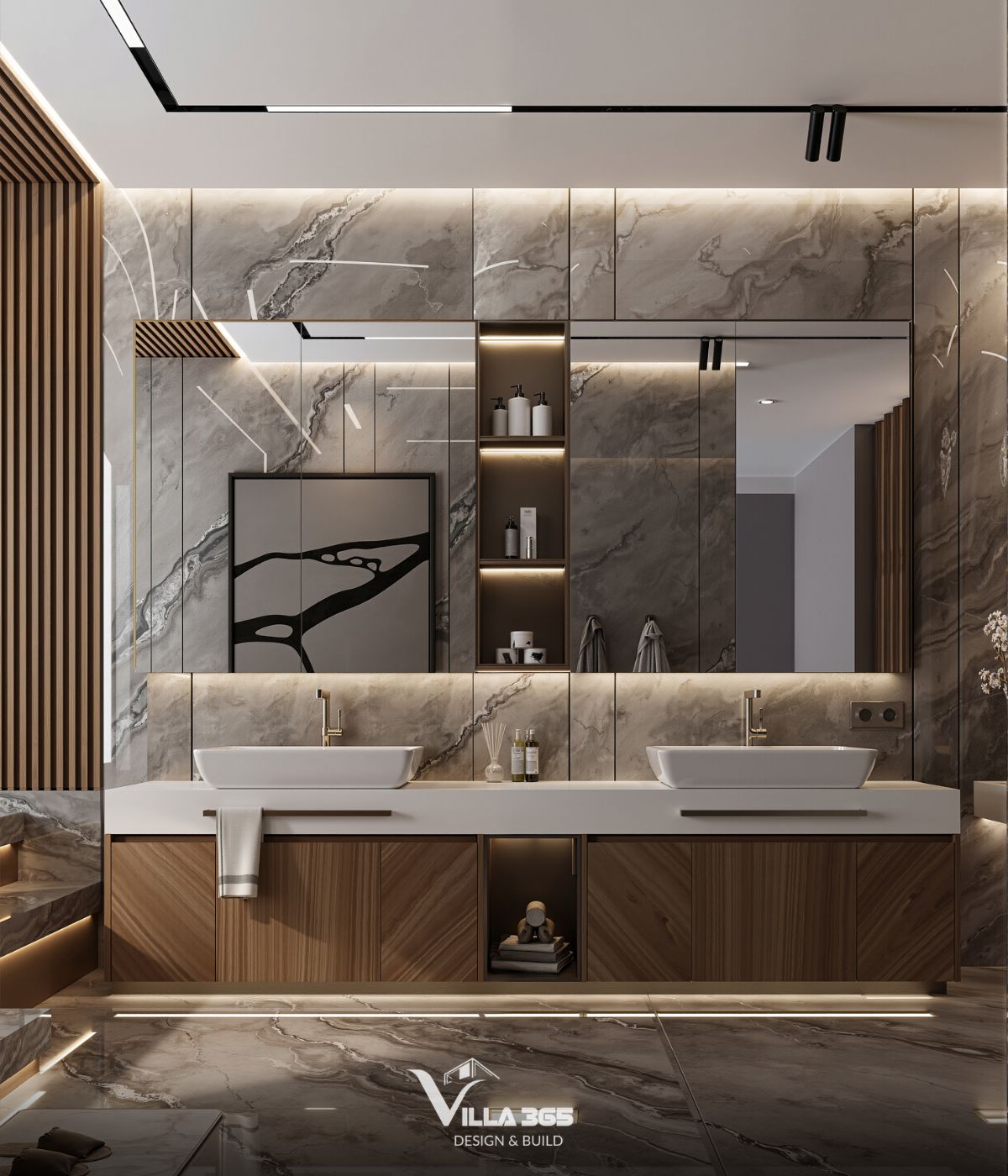 Phòng tắm sang trọng với đá cẩm thạch ốp tường, sàn và gỗ óc chó hiện diện ở tủ kệ