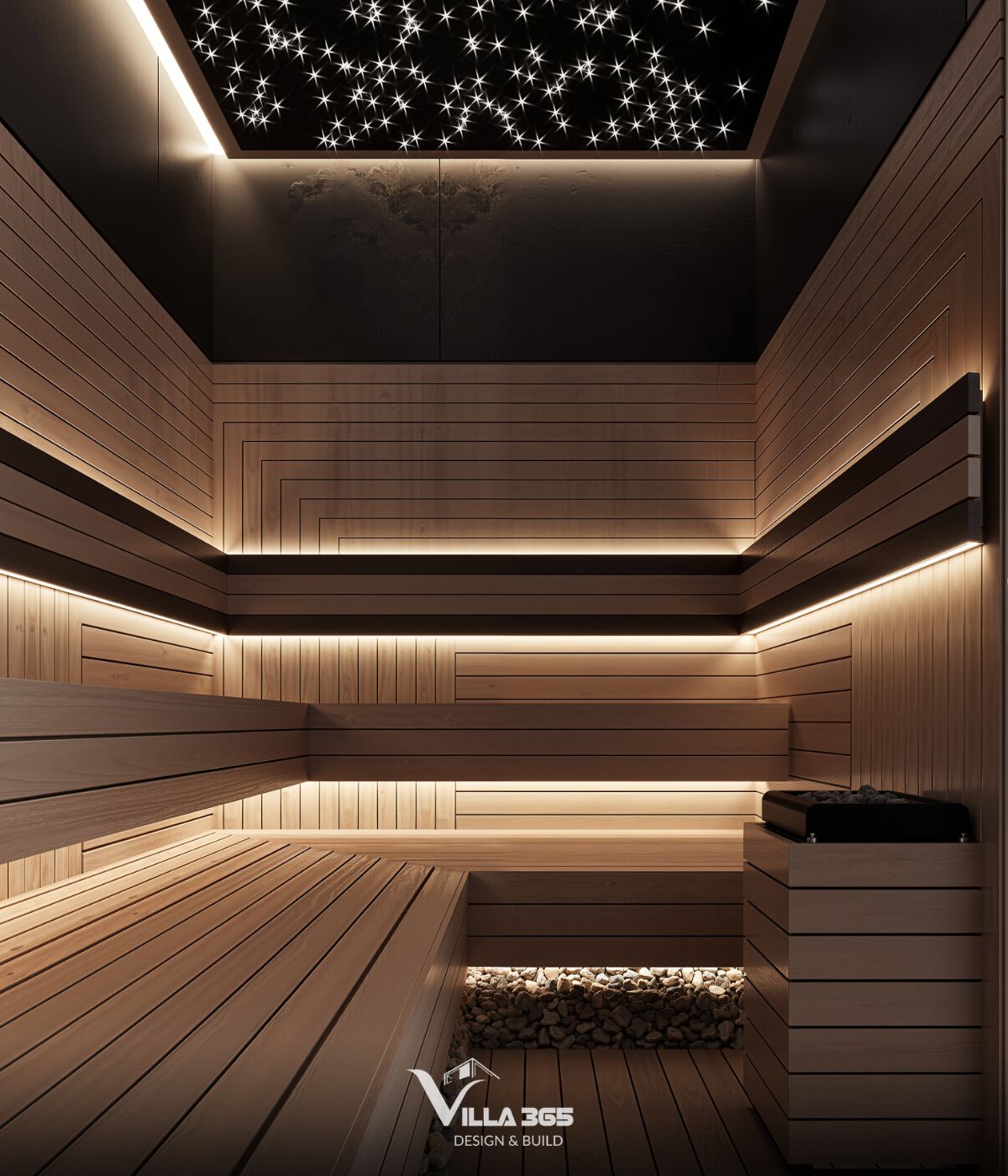Sàn phòng sauna được lát bằng các nan gỗ thưa giúp thông thoáng và thoát nước tốt 