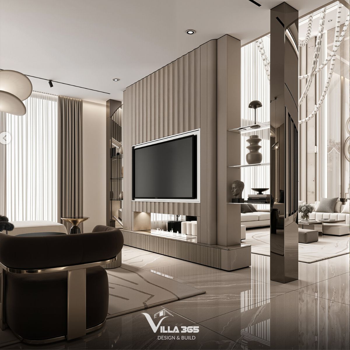 Thiết kế nội thất Infinity Villa – Nơi kết nối yêu thương 4 Kệ tivi đóng vai trò làm vách ngăn ước lệ phân chia phòng khách chính - phụ