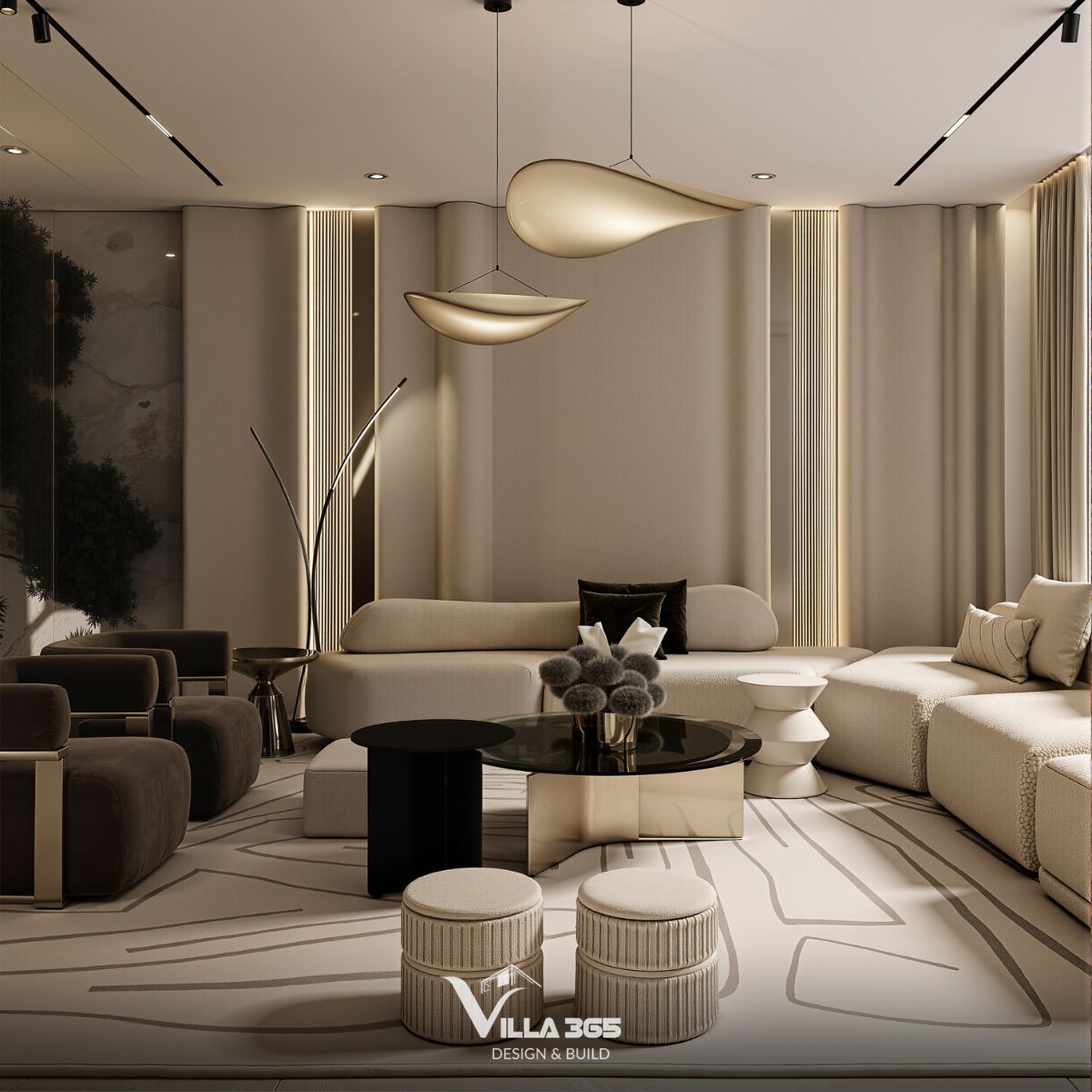 Thiết kế nội thất Infinity Villa – Nơi kết nối yêu thương 5 Sofa modular lớn màu kem nhạt với thiết kế bo tròn, uốn lượn mềm mại bao quanh khu vực thảm