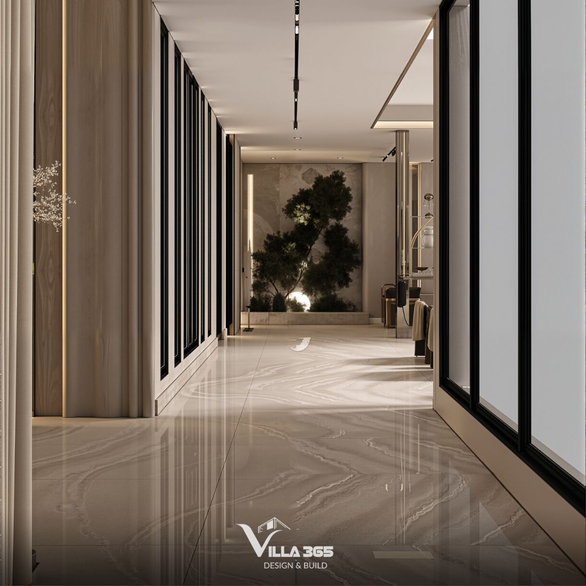 Thiết kế nội thất Infinity Villa – Nơi kết nối yêu thương 6 Cuối hành lang là một hốc tường bố trí tiểu cảnh cây xanh và đèn trang trí tạo điểm nhấn tự nhiên