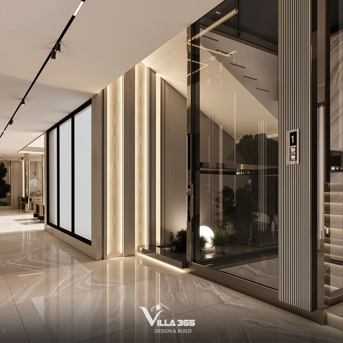 Thiết kế nội thất Infinity Villa – Nơi kết nối yêu thương 7 Thang máy tiện lợi cho người già và trẻ nhỏ, với chất liệu kính giúp không gian hành lang luôn sáng sủa và thoáng đãng