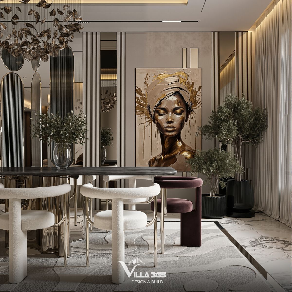 Thiết kế nội thất Infinity Villa – Nơi kết nối yêu thương 9 Bức tranh chân dung nghệ thuật khổ lớn với tone màu vàng gold và nâu đen huyền bí làm tiêu điểm thị giác cho phòng ăn