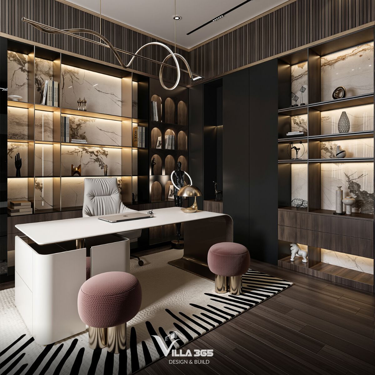 Thiết kế nội thất Infinity Villa – Nơi kết nối yêu thương 16 Phòng làm việc nhã nhặn với bảng màu trung tính với hệ kệ vòm cong mềm mại, tạo điểm nhấn chuyển tiếp nhẹ nhàng