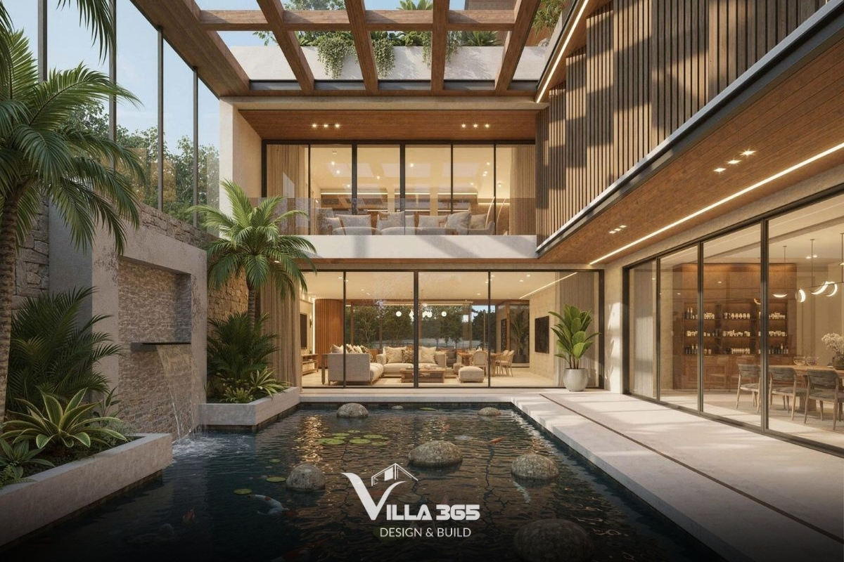 Thiết kế nội thất Nest Villa – Khoảng dừng an yên giữa lòng phố biển 2 Hồ cá trung tâm cùng những khoảng xanh đan cài đóng vai trò như một lớp đệm vi khí hậu, mang lại cảm giác thư thái cho biệt thự hiện đại tại Vũng Tàu