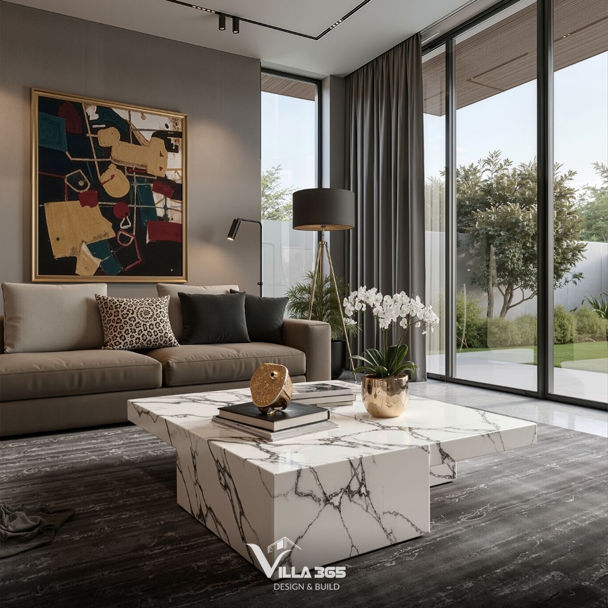Thiết kế nội thất Nest Villa – Khoảng dừng an yên giữa lòng phố biển 5 Bàn trà nguyên khối đá cẩm thạch trắng với đường vân mây đen uốn lượn sắc nét