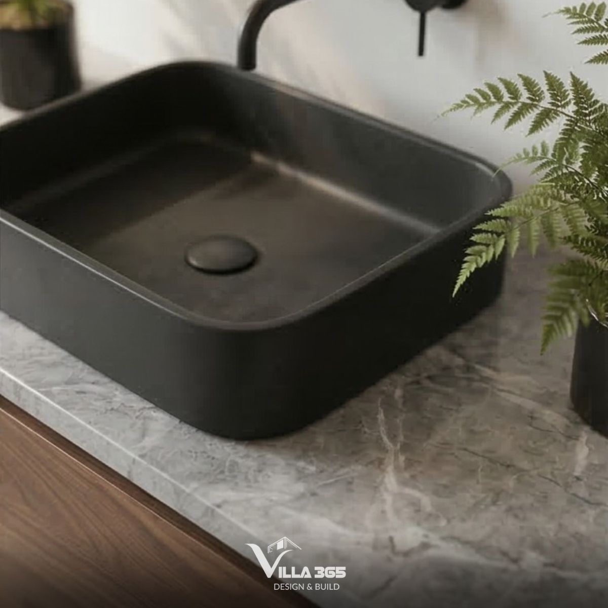 Thiết kế nội thất Nest Villa – Khoảng dừng an yên giữa lòng phố biển 17 Góc lavabo tối giản, ưu tiên chất liệu cao cấp và phối màu tương phản đen - xám vân mây - gỗ nâu