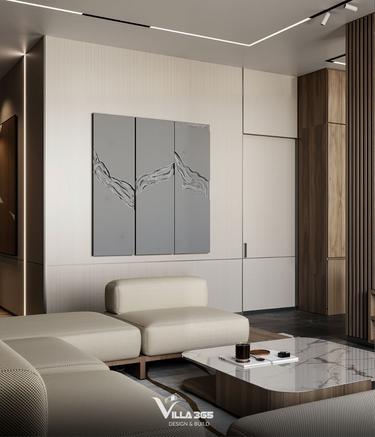 Tranh treo tường trừu tượng dạng khối nổi 3D màu xám xi măng làm điểm nhấn trung tâm trên nền tường màu be