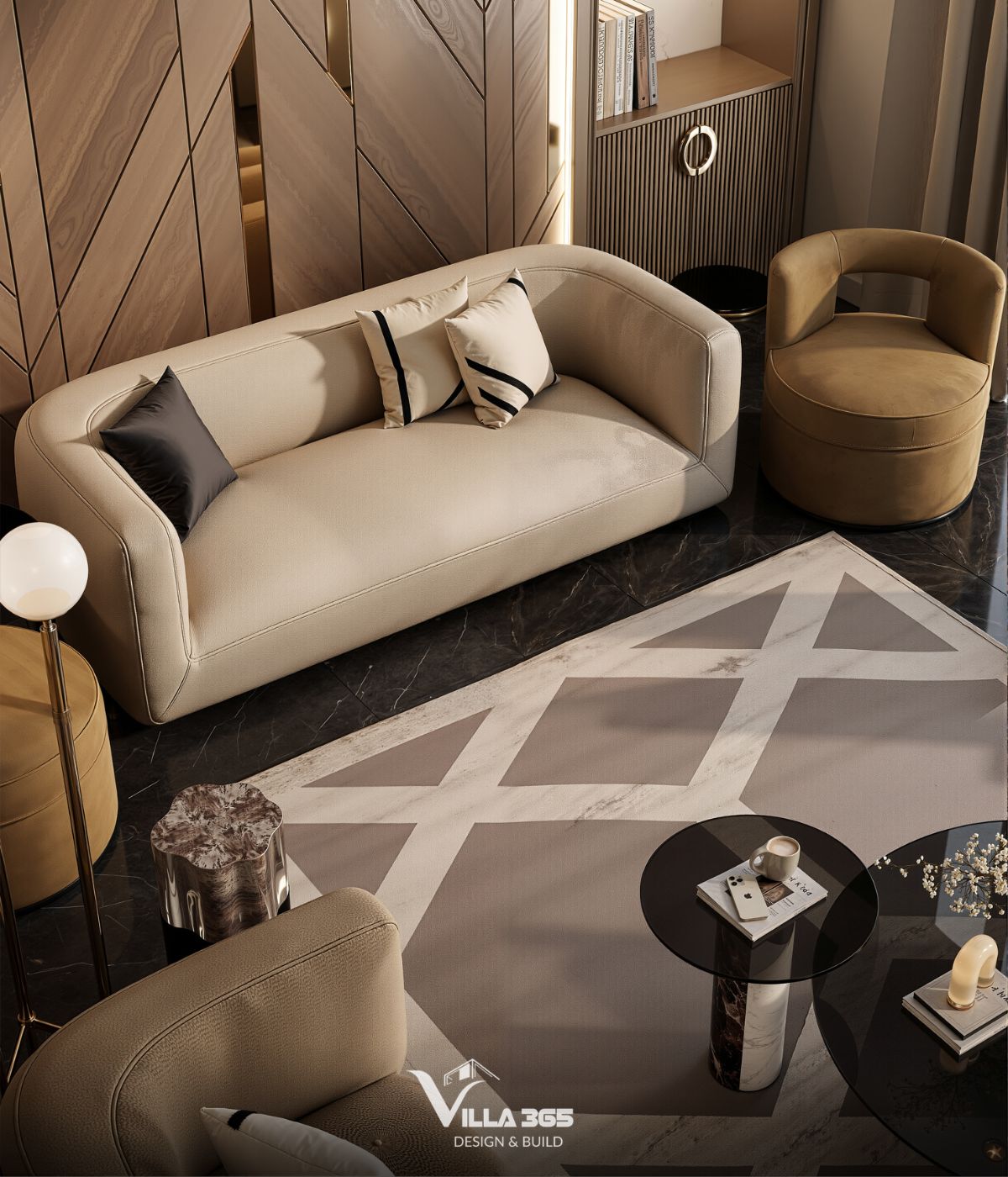 Sofa băng bọc da đường nét bo cong kết hợp ghế đơn trụ tròn bọc vải nhung mustard tạo điểm nhấn ấm áp 