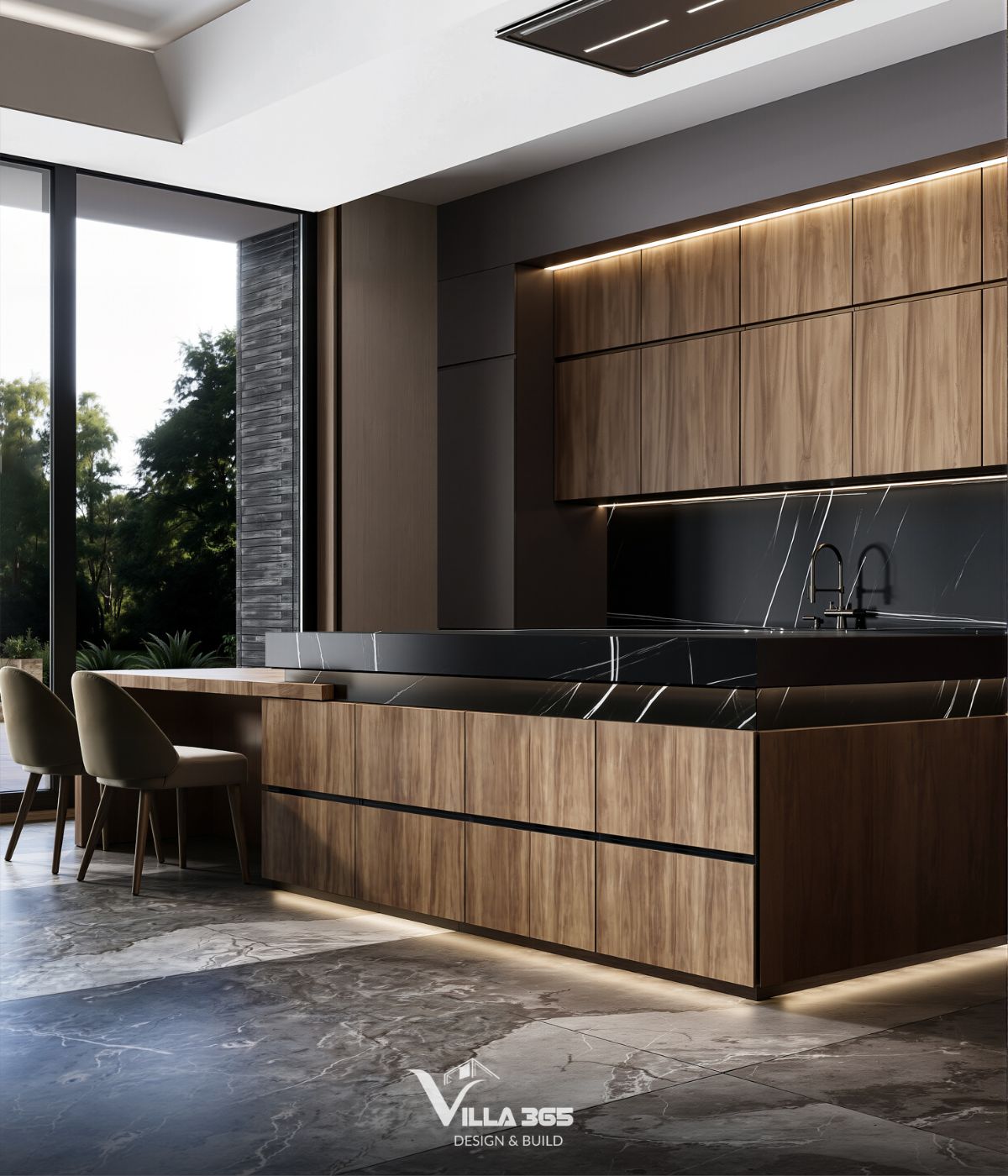 Mặt bàn đảo được ốp đá marble đen bóng với các đường vân trắng sắc sảo