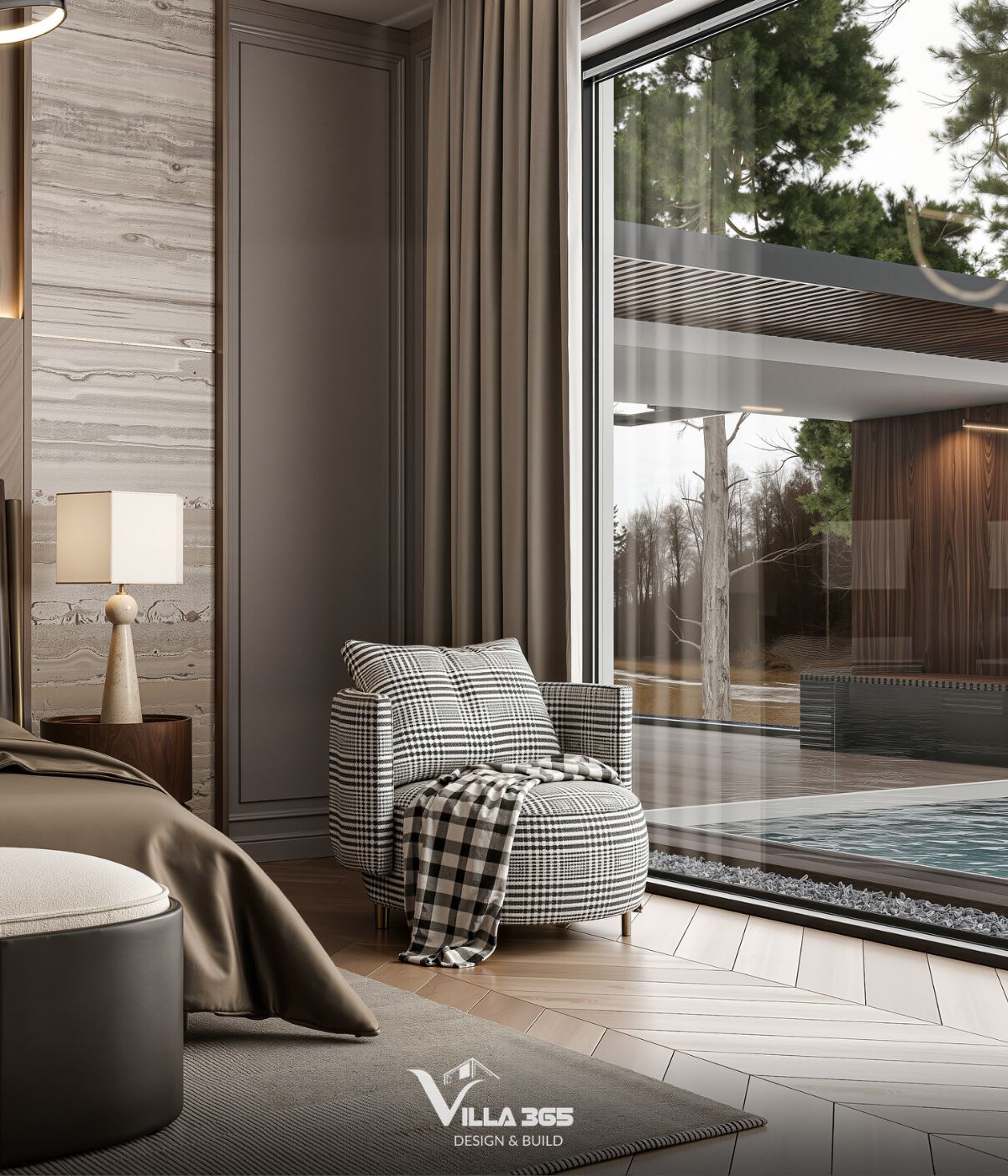 Thiết kế nội thất The Gardenia Suite – Khi thiên nhiên trở thành chất liệu kiến tạo tổ ấm 7 Ghế bành thư giãn được bố trí bên cạnh cửa sổ lớn, hướng tầm nhìn ra bể bơi và sân vườn xanh mát
