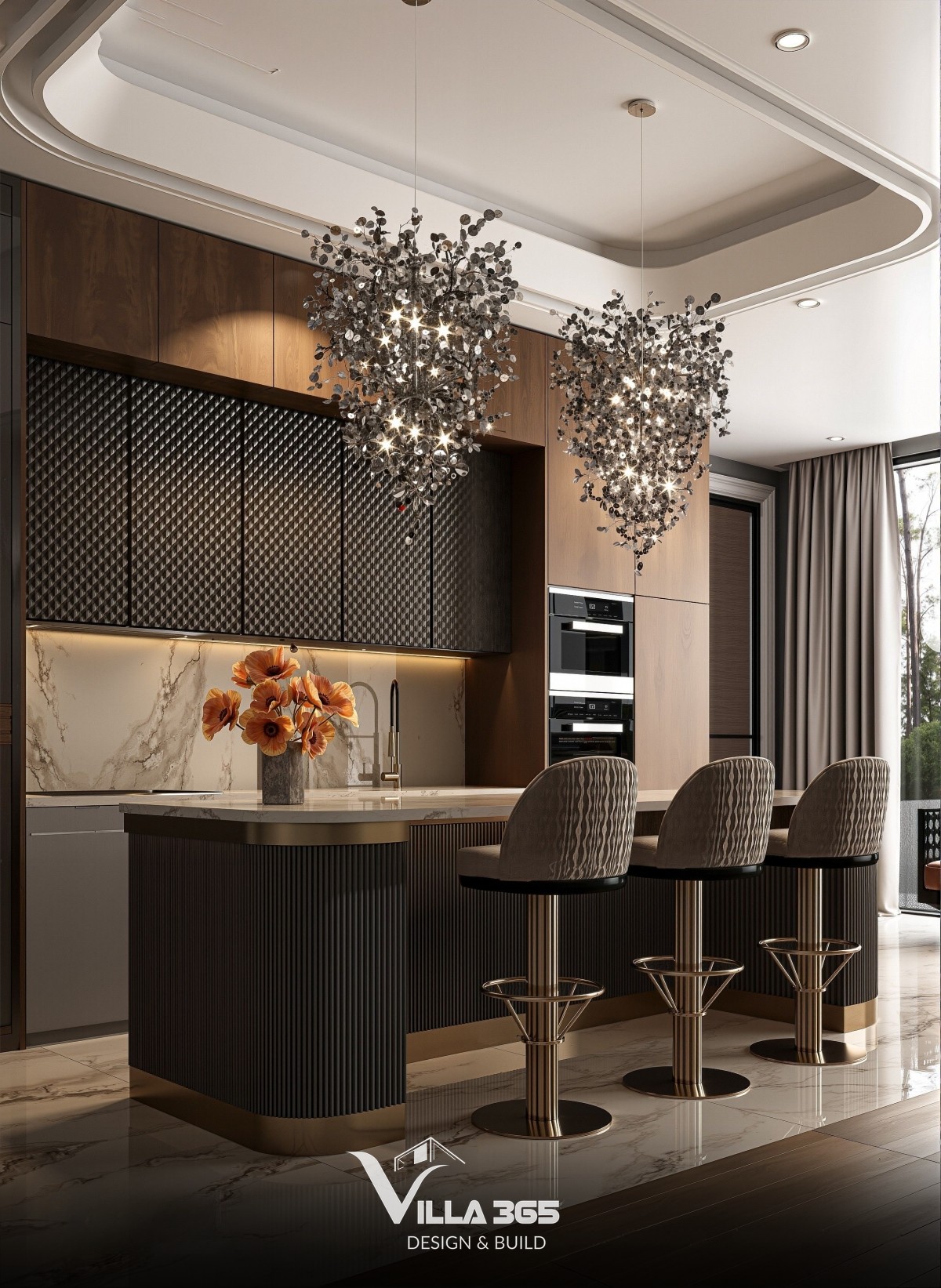 Thiết kế nội thất The Gardenia Suite – Khi thiên nhiên trở thành chất liệu kiến tạo tổ ấm 10 Chiếc đèn chùm mô phỏng cành cây và tán lá không đơn thuần là vật dụng chiếu sáng mà còn là điểm nhấn giàu tính nghệ thuật