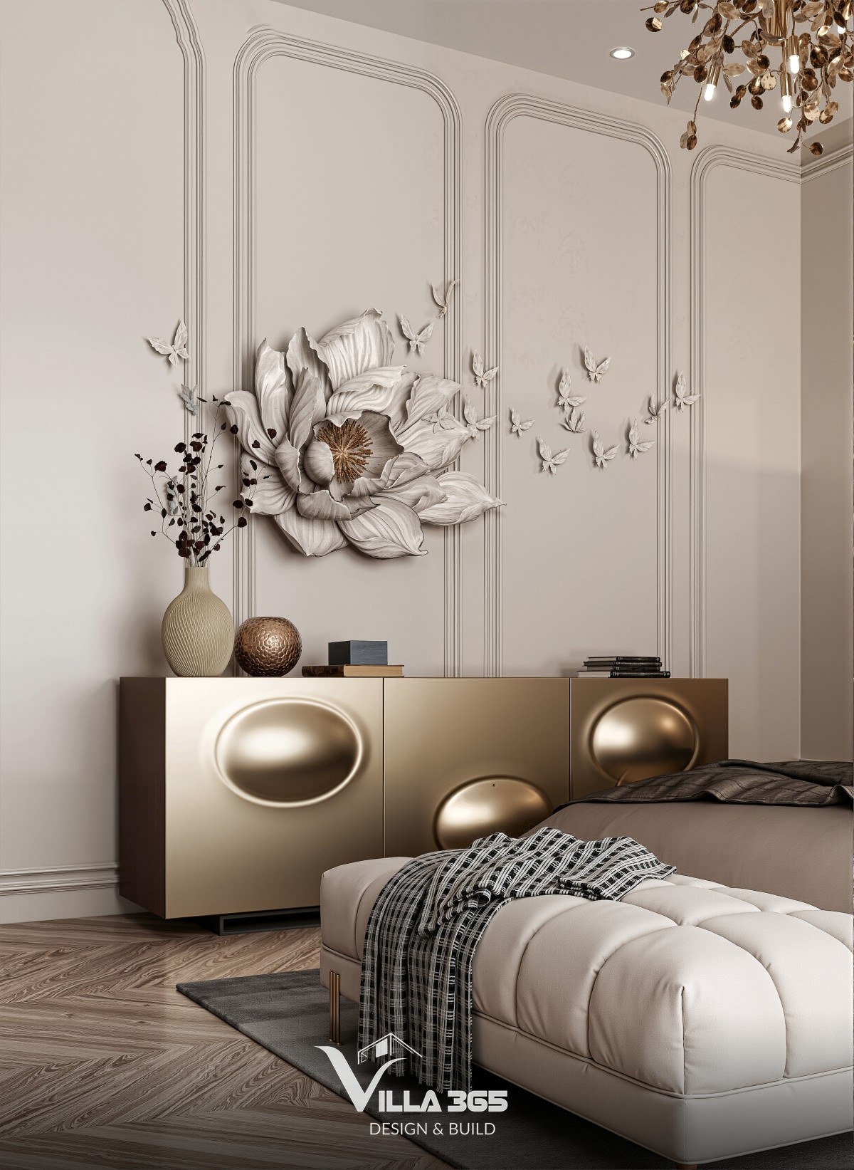 Thiết kế nội thất The Gardenia Suite – Khi thiên nhiên trở thành chất liệu kiến tạo tổ ấm 12 Chi tiết hoa sen điêu khắc trên tường mang đến vẻ đẹp thanh khiết, đồng thời đáp ứng yêu cầu phong thủy cho không gian