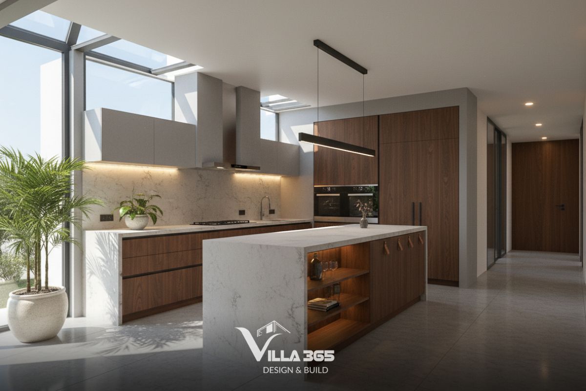Hệ tủ bếp đồng màu với trần tạo cảm giác nhẹ nhàng, để khu vực nấu nướng trở thành một phần liền mạch của tổng thể 