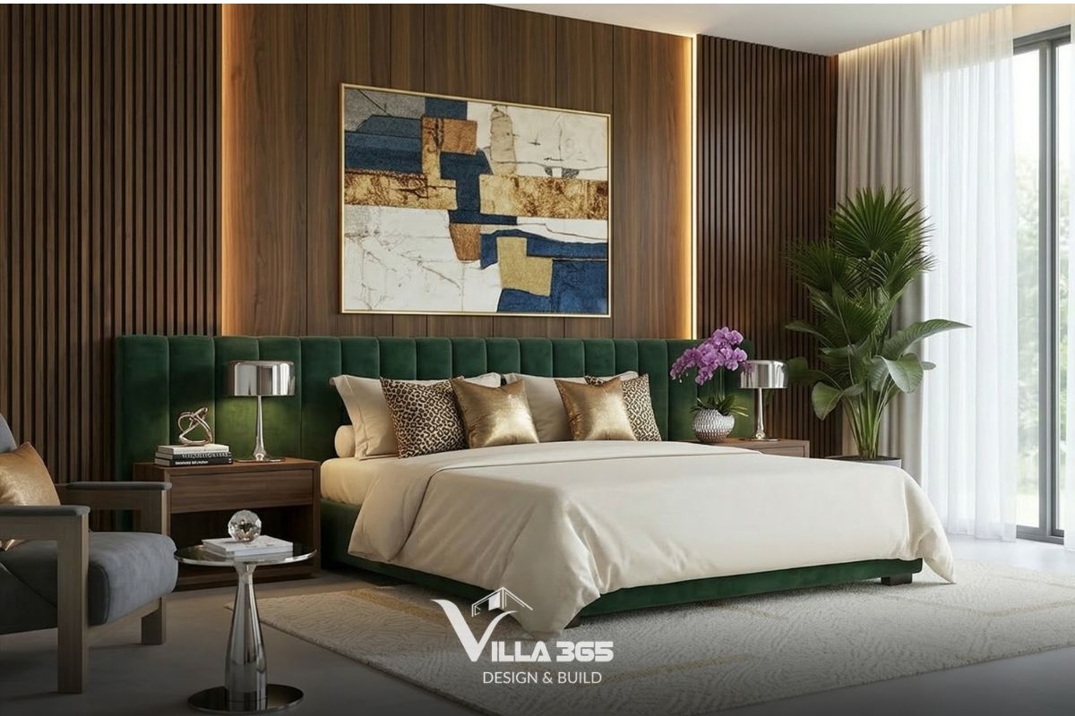 Giường ngủ được bọc vải nhung màu xanh lục bảo, đồng bộ với sofa ở phòng khách 