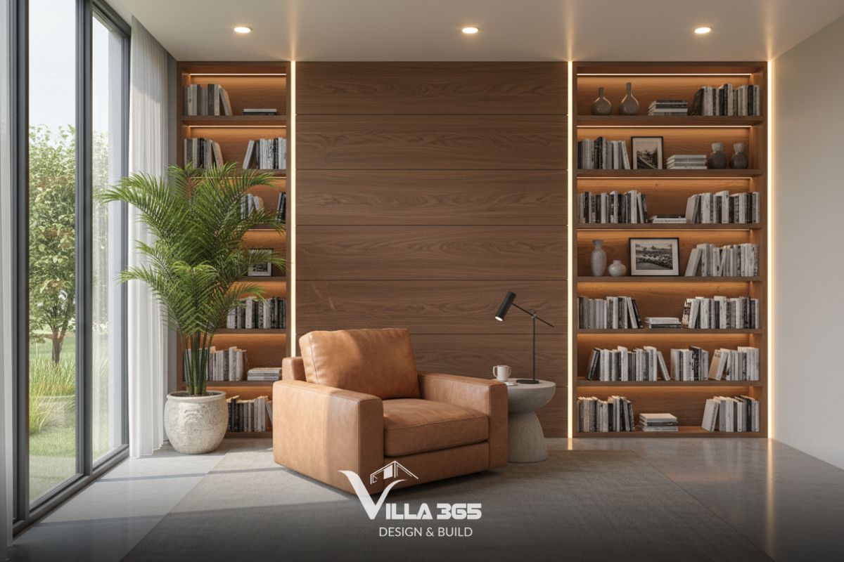 Kệ sách kịch trần thiết kế âm tường với các ngăn kệ được phân chia hợp lý để xếp sách và đồ decor như bình gốm, khung ảnh 