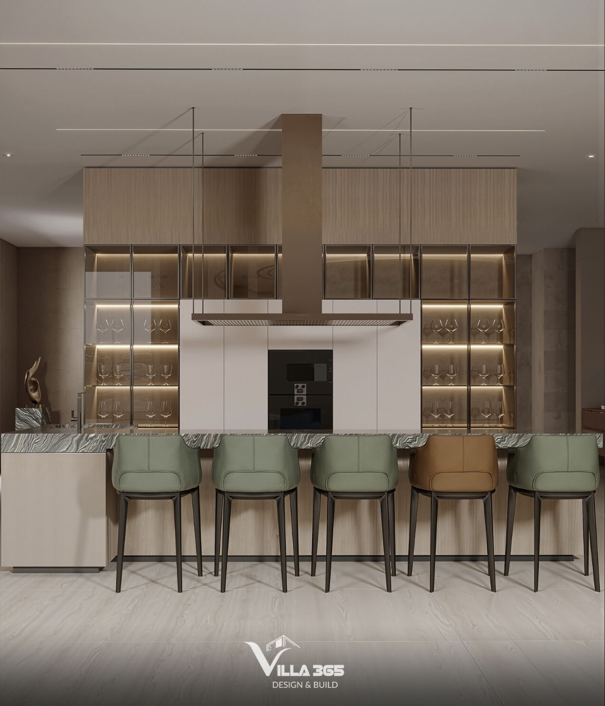 Thiết kế nội thất The Traces Villa – Nơi ký ức trở về 4 Mặt quầy đảo sử dụng đá tự nhiên với các đường vân trắng uốn lượn mạnh mẽ, tạo sự tương phản với tông màu trung tính xung quanh