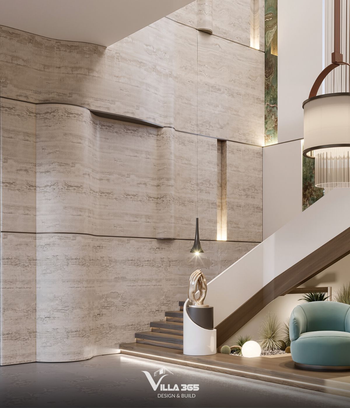 Thiết kế nội thất The Traces Villa – Nơi ký ức trở về 8 Hệ vách tường thông tầng được ốp đá Travertine màu be sáng, xử lý uốn lượn nhẹ nhàng