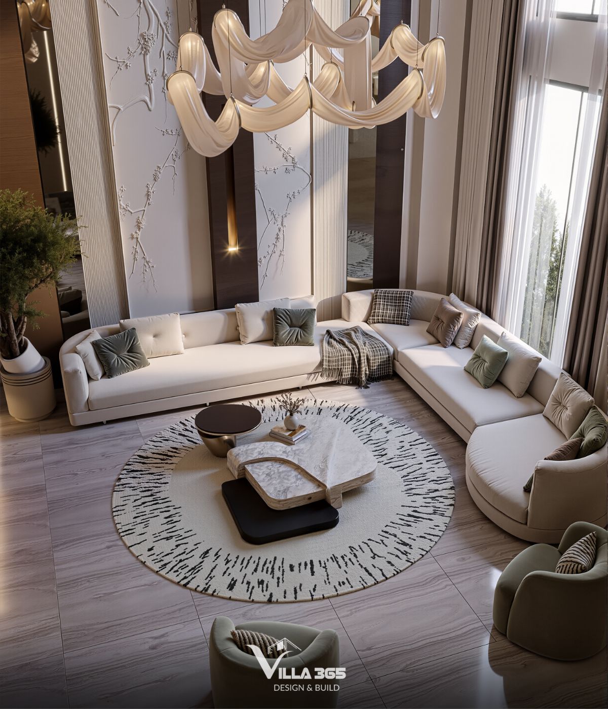 Thiết kế nội thất The Traces Villa – Nơi ký ức trở về 9 Bức tường với tạo hình nhánh cây được đắp nổi uốn lượn mềm mại từ trên cao rủ xuống, tạo nên một bức tranh phong cảnh thiên nhiên trang nhã, mang đậm tinh thần Á Đông