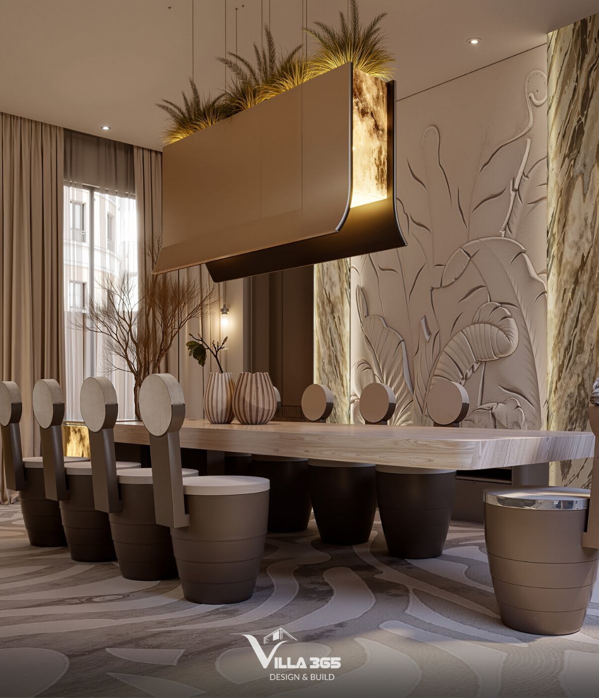 Thiết kế nội thất The Traces Villa – Nơi ký ức trở về 10 Vách phù điêu chạm khắc nổi hình những tàu lá chuối to bản xen kẽ lẫn nhau với từng đường gân lá, nếp uốn được xử lý tỉ mỉ và chân thực