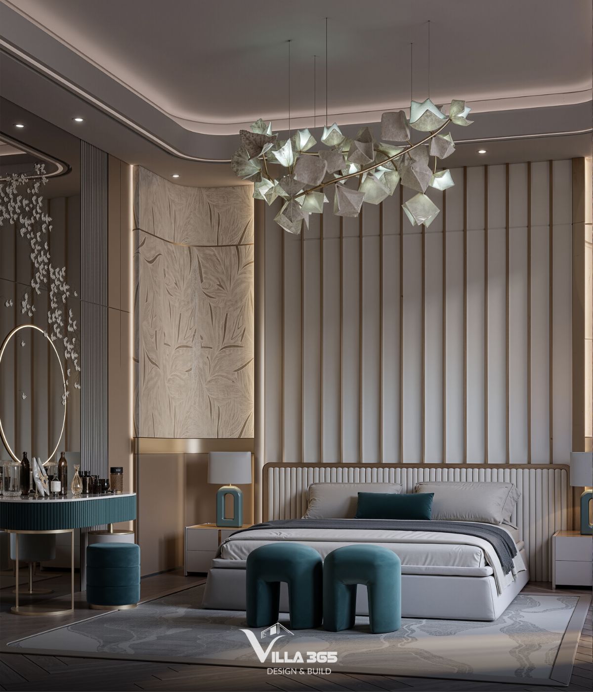 Thiết kế nội thất The Traces Villa – Nơi ký ức trở về 11 Phòng ngủ bố trí cặp ghế đôn hình trụ bọc vải nhung màu xanh teal nổi bật ở cuối giường, mang lại nét trẻ trung và phá cách trên nền không gian trung tính