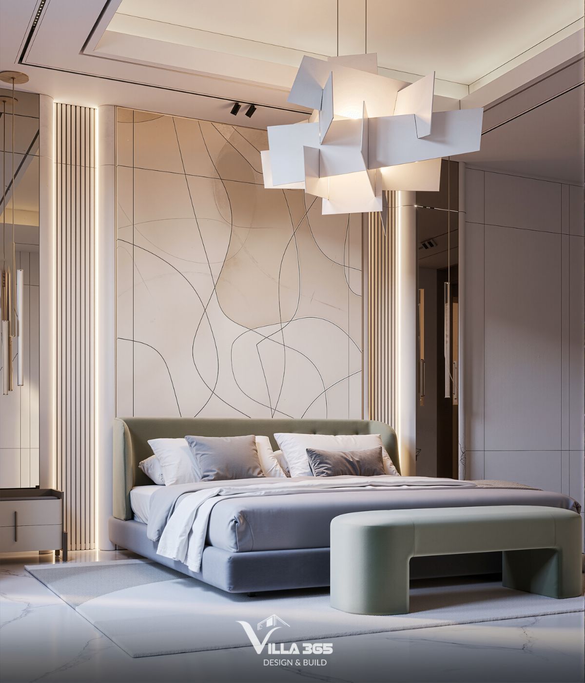 Thiết kế nội thất The Traces Villa – Nơi ký ức trở về 12 Đèn thả kích thước lớn với cấu tạo xếp chồng lớp mang âm hưởng nghệ thuật Kirigami