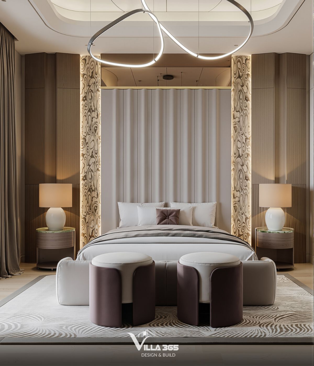 Thiết kế nội thất The Traces Villa – Nơi ký ức trở về 14 Bố cục không gian được thiết kế cân bằng hoàn hảo từ mảng tường, táp đầu giường cho đến đèn bàn hai bên, tạo cảm giác trang trọng như phòng nghỉ khách sạn 5 sao