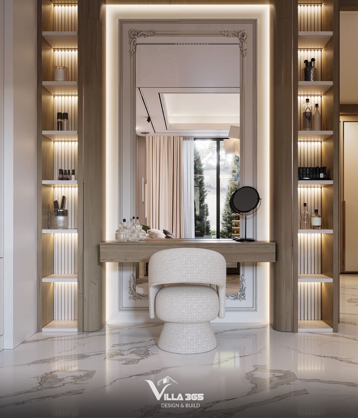 Thiết kế nội thất The Traces Villa – Nơi ký ức trở về 15 Hai bên bàn trang điểm được bố trí hai hệ kệ gỗ chia ô đều đặn, là nơi gia chủ trưng bày nước hoa, mỹ phẩm và các món đồ decor cao cấp