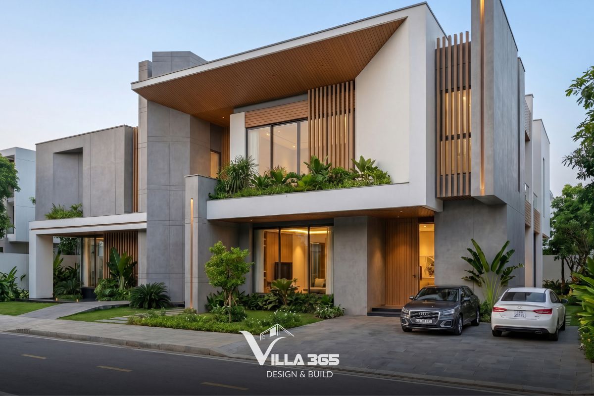 The Introvert Villa - Biệt thự hướng nội lấy cảm hứng từ bê tông trần 2 Mặt tiền biệt thự hiện đại được tổ chức theo bố cục phi đối xứng, tạo nên nhịp điệu thị giác và tính nhận diện cao