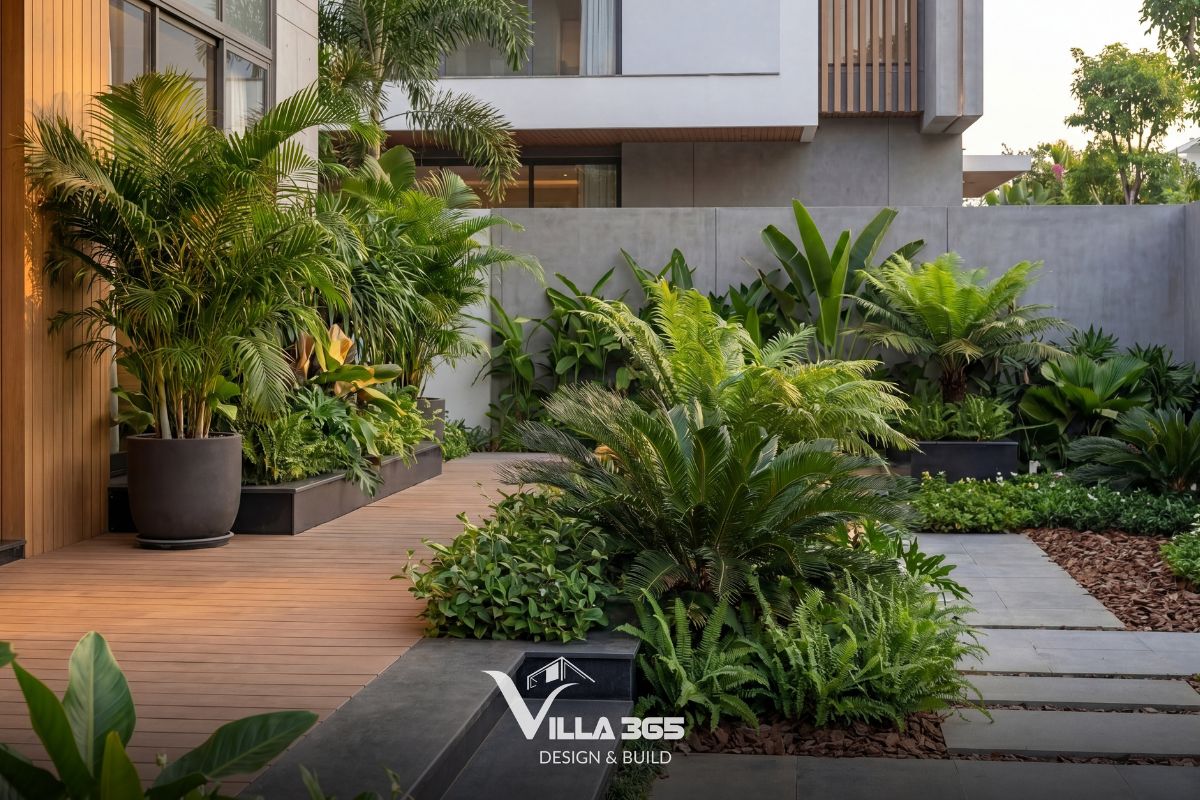 The Introvert Villa - Biệt thự hướng nội lấy cảm hứng từ bê tông trần 8 Màu xanh của cây cối làm mềm đi sự góc cạnh của tường bê tông và lam gỗ