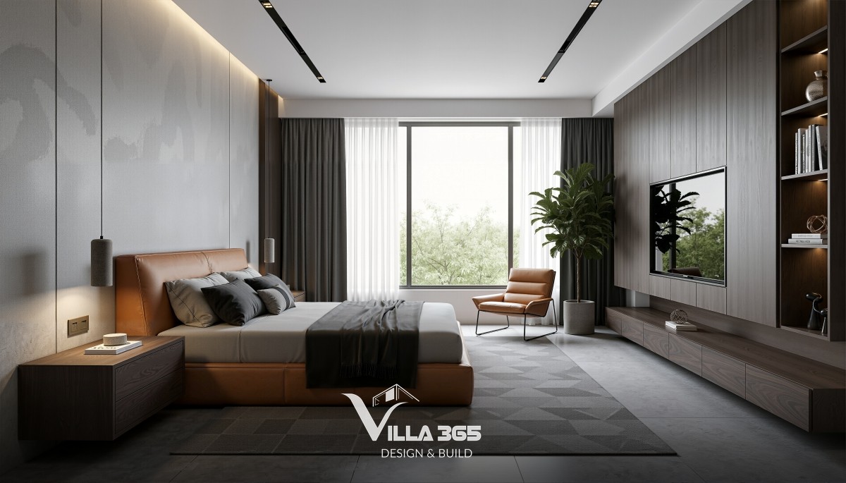 Hệ tủ âm tường và kệ trang trí phẳng giúp giảm bớt sự hiện diện của đồ đạc, mang lại cảm giác gọn gàng và thư thái 