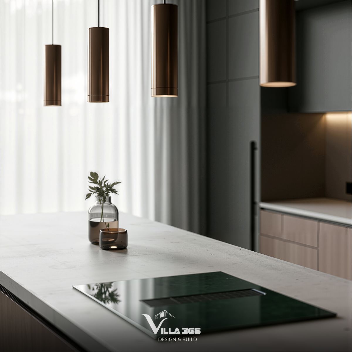 Bình thủy tinh nhỏ cắm nhánh cây xanh và một chiếc ly nến đặt trên đảo bếp là những nét chấm phá nhỏ nhưng đắt giá, mang sinh khí và sự lãng mạn vào khu vực nấu nướng