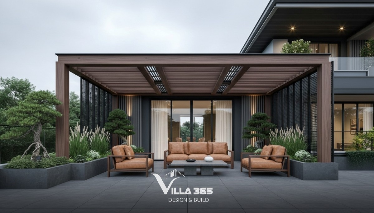 Vườn thiền với bonsai, pergola lam gỗ và sofa cam đất đem lại trải nghiệm thư giãn riêng tư, khoáng đạt và bình yên cho gia chủ