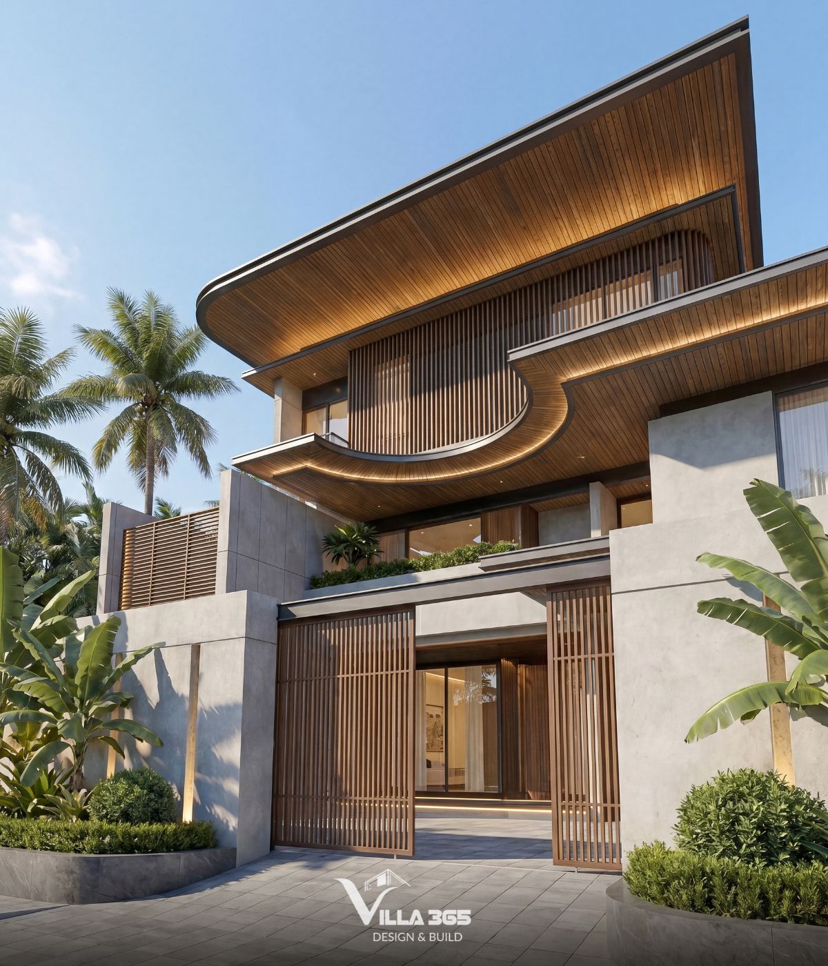 Biệt thự hiện đại Wooden Villa – Nét duyên từ gỗ 3 Hệ mái đua rộng và các khoảng ban công không chỉ tạo điểm nhấn hình khối mà còn góp phần giảm bức xạ nhiệt trực tiếp lên công trình