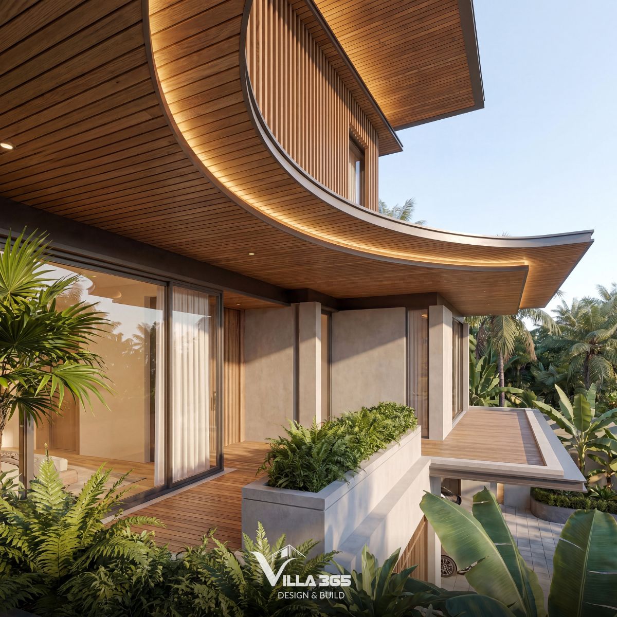 Biệt thự hiện đại Wooden Villa – Nét duyên từ gỗ 4 Đường cong mềm mại ở mái hiên giúp cân bằng sự vuông vức của các khối bê tông, mang lại cảm giác thanh thoát hơn cho tổng thể