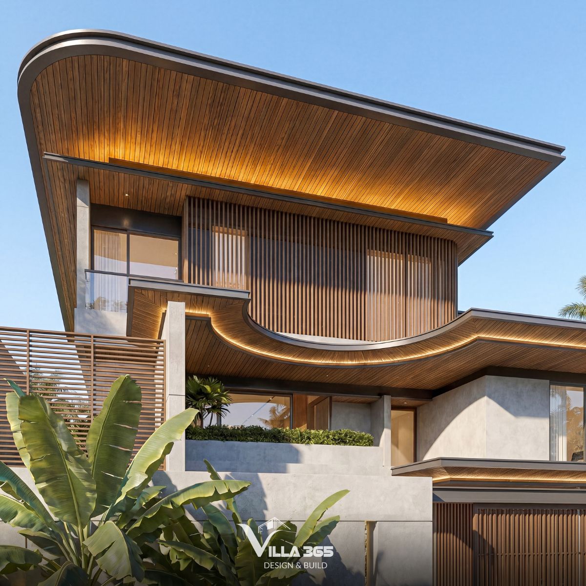 Biệt thự hiện đại Wooden Villa – Nét duyên từ gỗ 6 Khi đêm xuống, hệ đèn LED viền mái và đèn hắt tường góp phần làm nổi bật hình khối kiến trúc