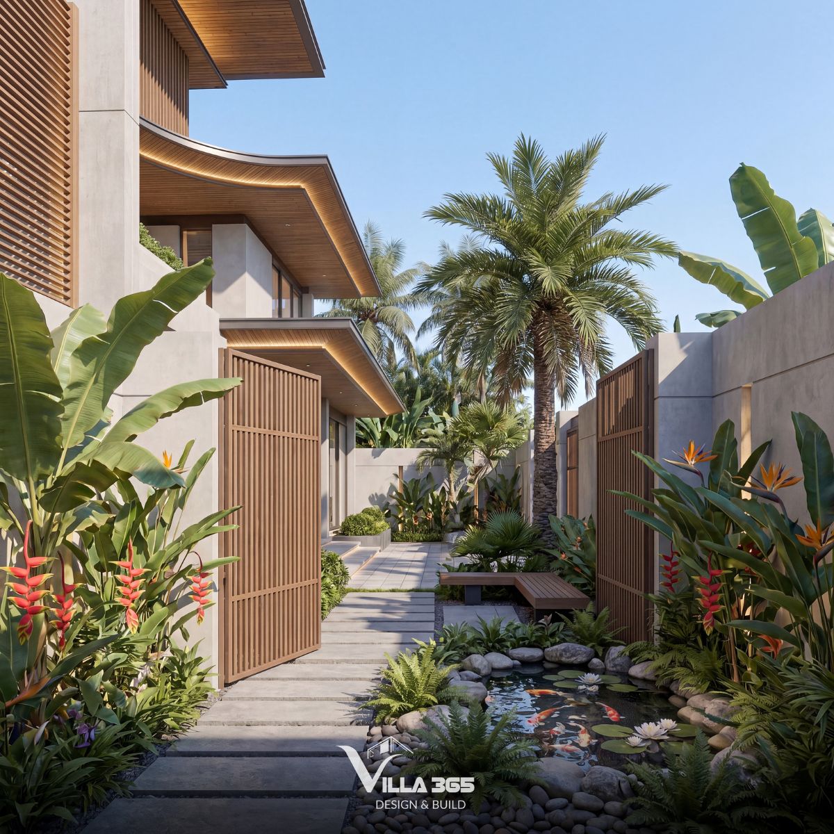 Biệt thự hiện đại Wooden Villa – Nét duyên từ gỗ 7 Không gian ngập tràn sắc xanh với cây cọ lớn kết hợp các bụi cây chuối cảnh, hoa thiên điểu, hoa dong riềng pháo và dương xỉ dọc hai bên lối đi