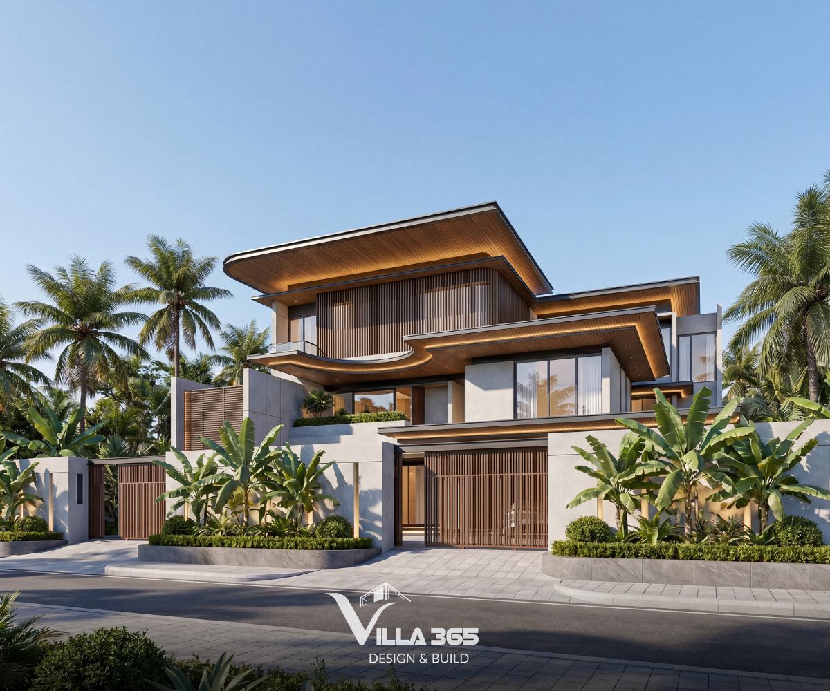 Biệt thự hiện đại Wooden Villa – Nét duyên từ gỗ 12 Sự kết hợp giữa bê tông, kính và gỗ tạo nên bảng vật liệu hài hòa cho công trình