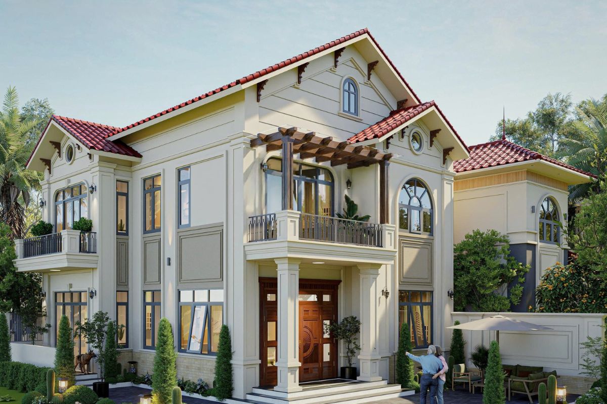 Thiết kế biệt thự mái Thái 2 tầng 3 gian nổi bật với hệ mái dốc cao, mặt tiền bề thế và đường nét kiến trúc sang trọng (Ảnh: Sưu tầm).