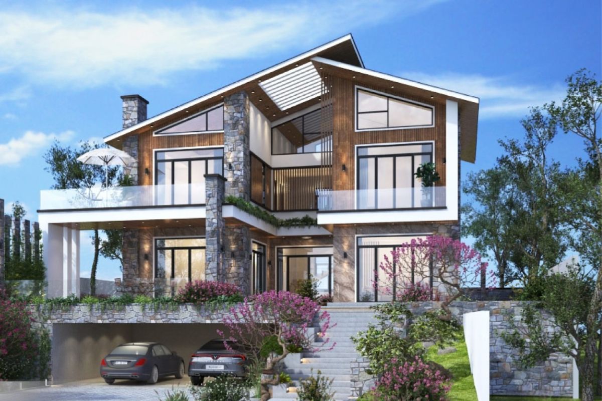 Mẫu biệt thự 2 tầng mái lệch 4 phòng ngủ nổi bật với hình khối hiện đại, không gian rộng rãi và công năng phù hợp gia đình nhiều thành viên. ( Ảnh: Sưu tầm )