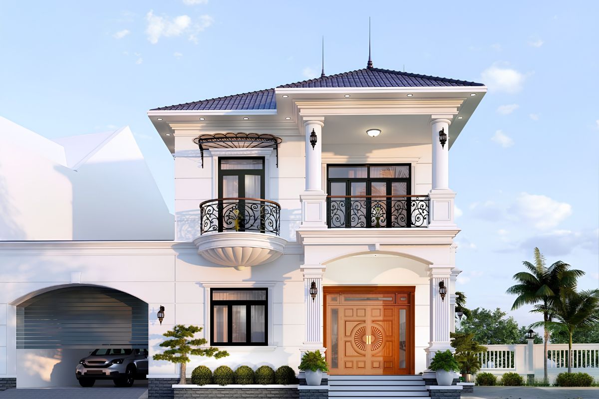 Mẫu Thiết Kế Biệt Thự 2 Tầng 100m2 Đẹp, Tối Ưu Công Năng Và Chi Phí Năm 2026 3 Biệt thự 2 tầng 100m2 mái Nhật nổi bật với tỷ lệ cân đối, độ dốc nhẹ và dáng mái mở rộng thanh thoát (Ảnh: Sưu tầm)