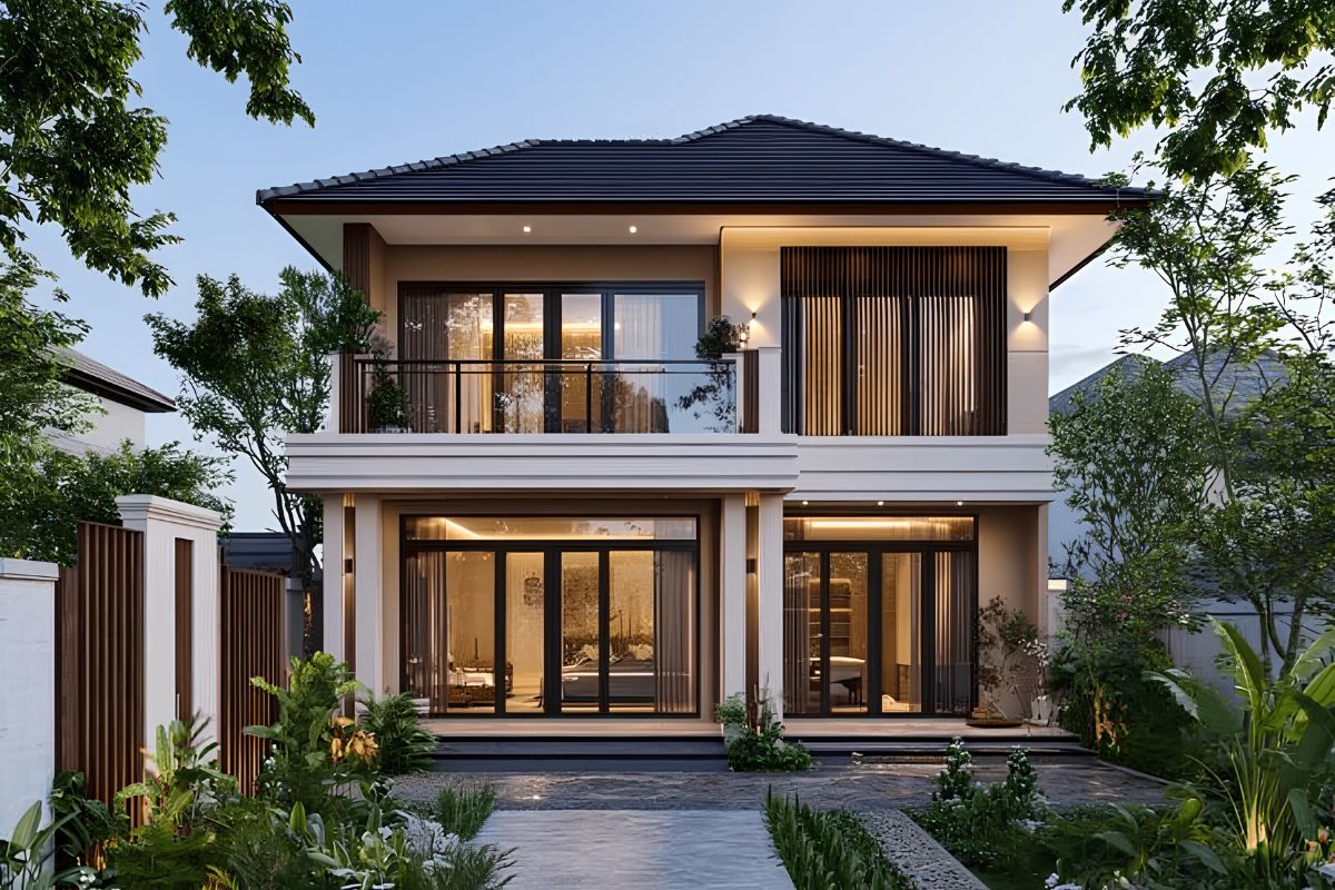 Mẫu Thiết Kế Biệt Thự 2 Tầng 100m2 Đẹp, Tối Ưu Công Năng Và Chi Phí Năm 2026 4 Hệ mái vươn rộng giúp biệt thự 2 tầng mái Nhật che nắng, thoát nước và giảm nhiệt hiệu quả (Ảnh: Sưu tầm)
