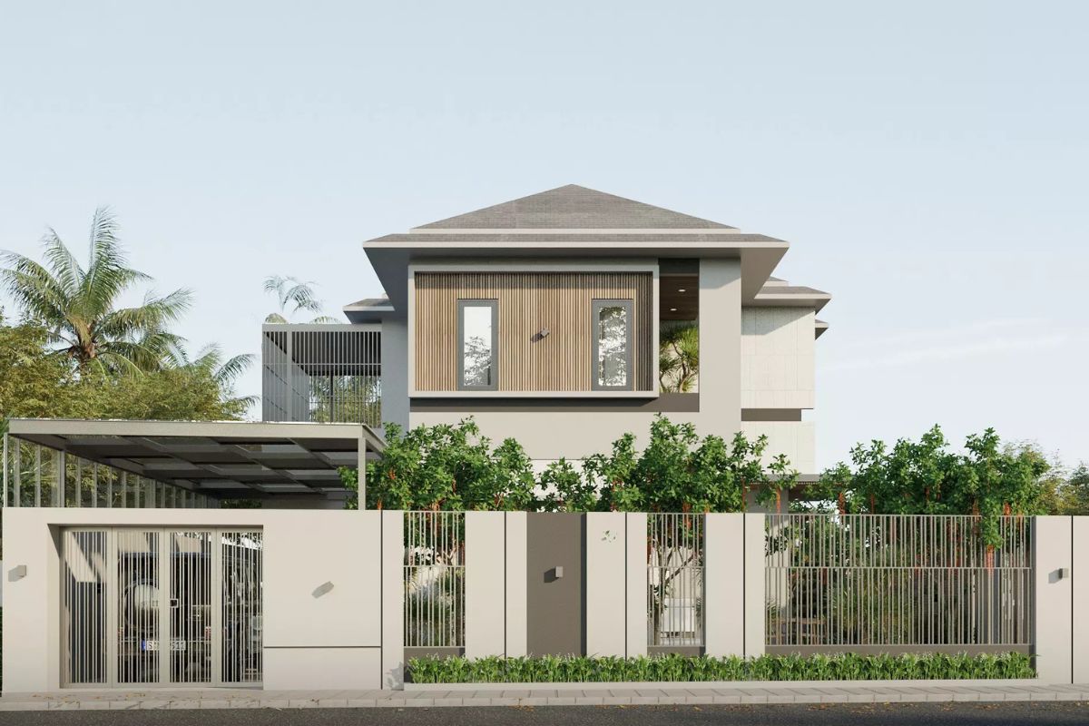 Mẫu Thiết Kế Biệt Thự 2 Tầng 100m2 Đẹp, Tối Ưu Công Năng Và Chi Phí Năm 2026 5 Đá, gỗ, kính và sân xanh tạo nên mẫu biệt thự 2 tầng 100m2 đẹp mang vẻ thanh lịch, gần gũi (Ảnh: Sưu tầm)