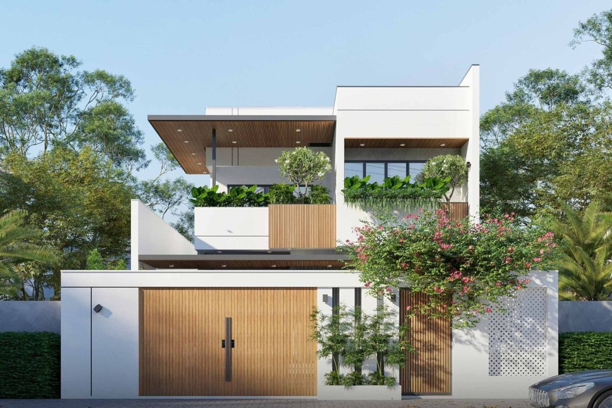 Mẫu Thiết Kế Biệt Thự 2 Tầng 100m2 Đẹp, Tối Ưu Công Năng Và Chi Phí Năm 2026 13 Cửa kính, ban công và lam che nắng giúp thiết kế biệt thự 2 tầng 100m2 đón sáng nhưng hạn chế bức xạ nhiệt (Ảnh: Sưu tầm)