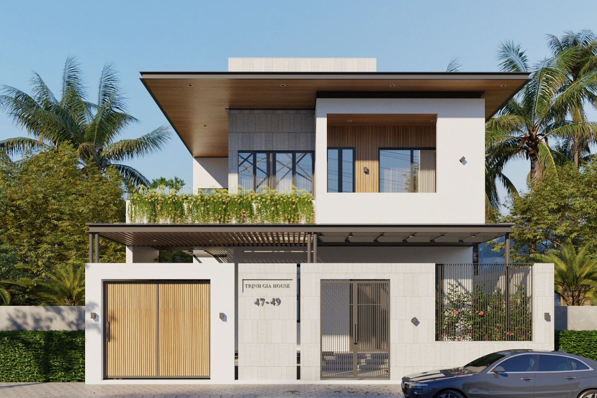 Mẫu Thiết Kế Biệt Thự 2 Tầng 100m2 Đẹp, Tối Ưu Công Năng Và Chi Phí Năm 2026 14 Bê tông, kính, kim loại và gỗ tạo chiều sâu cho nhà biệt thự 2 tầng 100m2 hiện đại (Ảnh: Sưu tầm)