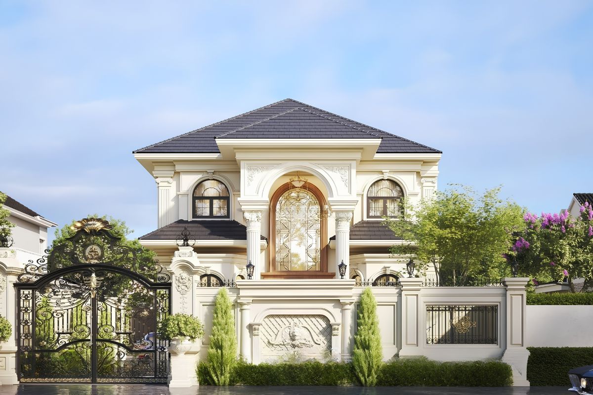 Mẫu Thiết Kế Biệt Thự 2 Tầng 100m2 Đẹp, Tối Ưu Công Năng Và Chi Phí Năm 2026 15 Biệt thự tân cổ điển 2 tầng 100m2 chinh phục gia chủ bằng tỷ lệ cân đối và vẻ sang trọng vừa phải (Ảnh: Sưu tầm)