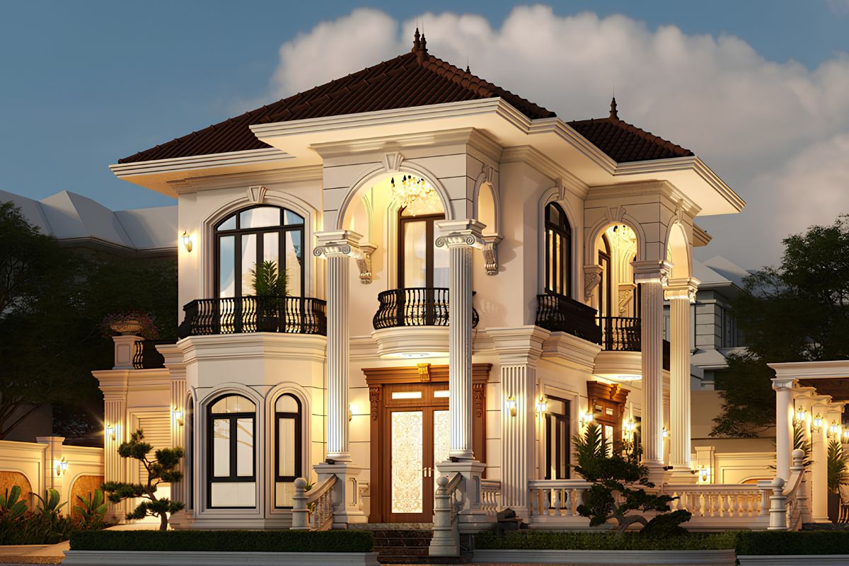 Mẫu Thiết Kế Biệt Thự 2 Tầng 100m2 Đẹp, Tối Ưu Công Năng Và Chi Phí Năm 2026 16 Hệ cột, phào chỉ và mái sảnh được tiết chế để mặt tiền biệt thự không trở nên nặng nề, rối mắt (Ảnh: Sưu tầm)